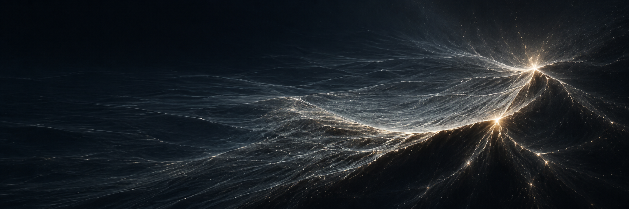Filaments of matter draining across a dark plain into bright knots of light.