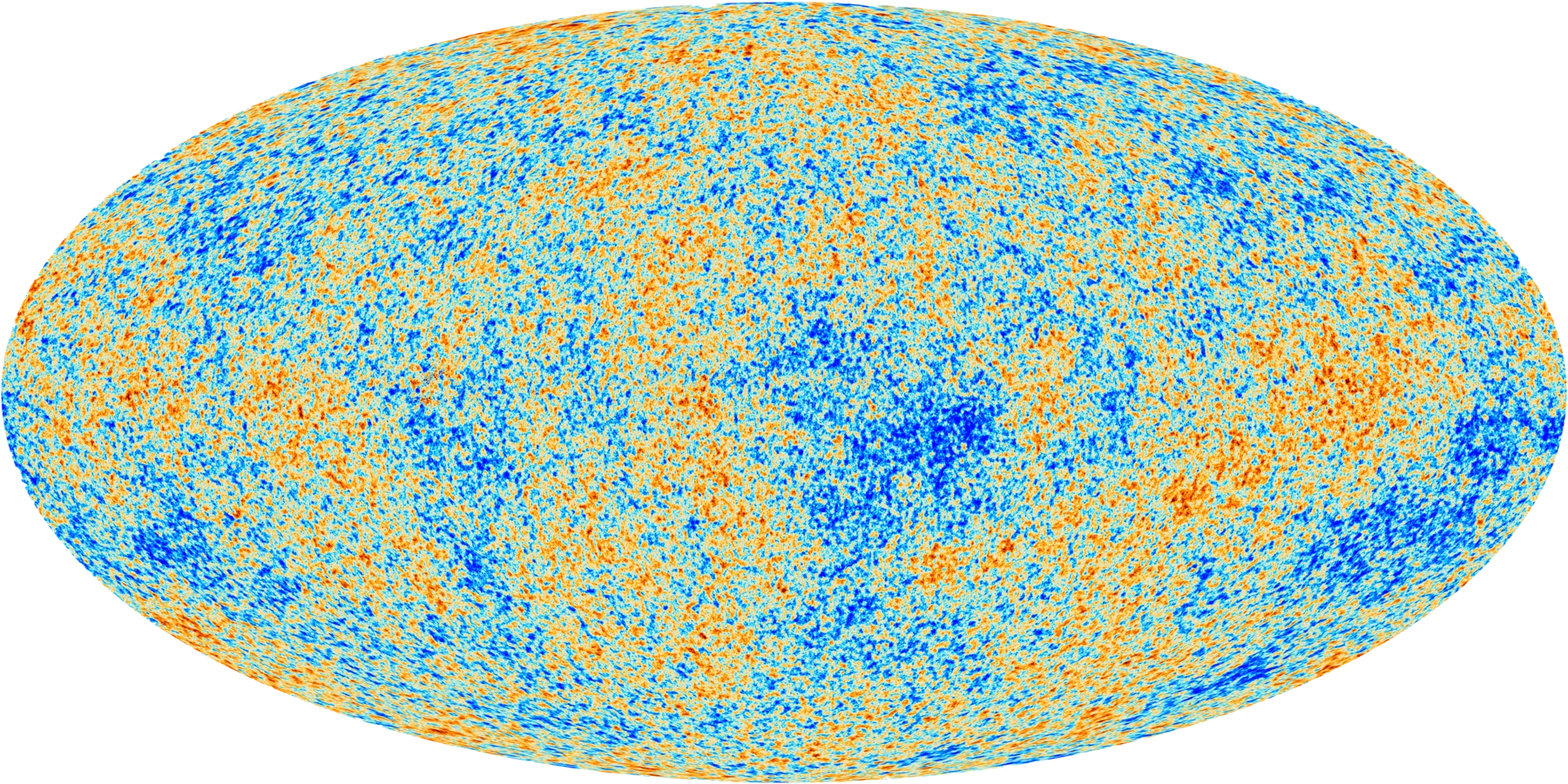 The Planck 2018 all-sky map of the cosmic microwave background: a mottled ellipse of faint warm and cool spots.