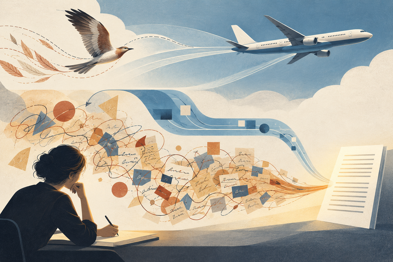 A bird and an airliner cross the same sky; below, a writer at a desk watches scattered notes and tangled lines converge into a printed page.